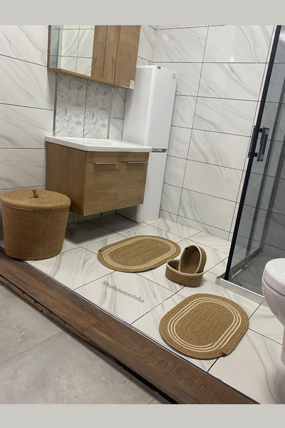 Türkmen Ev Tekstil طقم حمام، طقم حمام، سلة متسخة، طقم حصيرة، سلة بيضاوية، سلة غسيل، ديكور