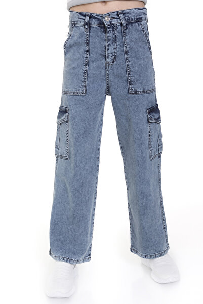 Genel Markalar Kız Çocuk Kargo Kot Pantolon Geniş Bol Paça Elastik Yüksek Bel Kapaklı Cepli Pamuklu Jeans