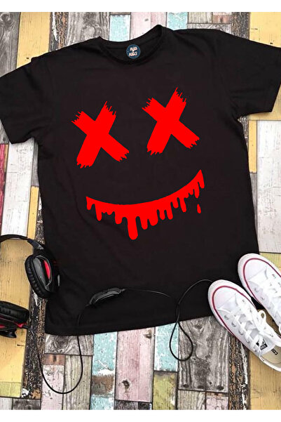 RYO FASHİON Cartoon Face (Red) Printed Unisex Black Short Sleeve Children's T...