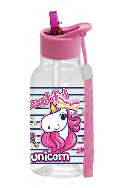 krommet Unicorn Pattern 460 Cc Leakproof Water Bottle with Straw, Children's Water Bottle with Rope - BPA Free