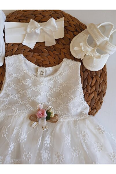 PİLEKİ BABY Kız Bebek 4 Parça Yenidoğan 0 4 Ay Gelinlik Elbise Mevlütlük Set Dantel Gelinlik