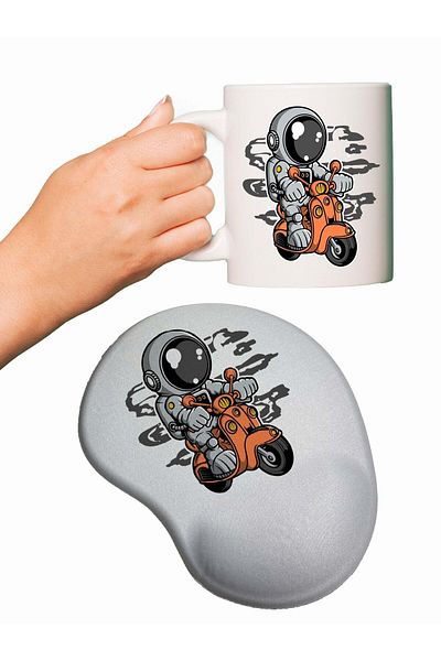 HobiShop Motorized Astronaut Printed Wrist Support Mouse Pad + Cup Mug