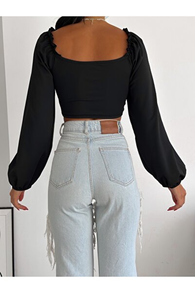 QUTTA Dámská potápěčská potápěčská halenka s černým čtvercovým výstřihem, pruhovaným dlouhým balónovým rukávem