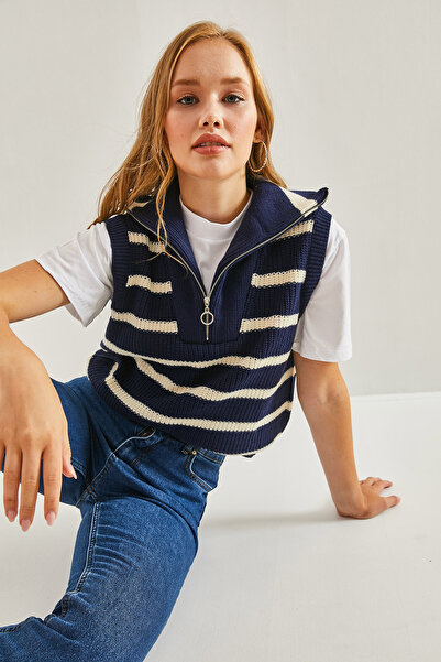 Bianco Lucci Жіночий светр з водолазкою на блискавці в смужку Suveter