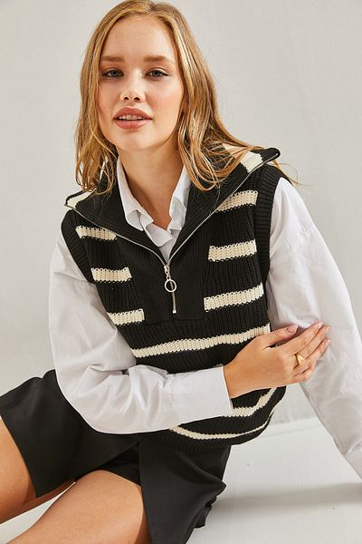 Bianco Lucci Gestreifter Pullover mit Rollkragen und Reißverschluss für Damen
