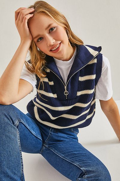 Bianco Lucci Gestreifter Pullover mit Rollkragen und Reißverschluss für Damen