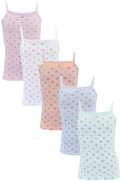 biyokids Girl's Undershirt 5 Pack Mixed Color Printed Undershirt with Rope Strap