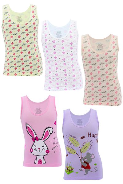 biyokids Girl's Undershirt 5 Pack Mixed Color Wide Strap Printed Undershirt