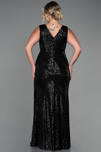 Abiyefon Black Sleeveless Double Breasted Collar Long Sequin Plus Size Evening Dress ABU3194