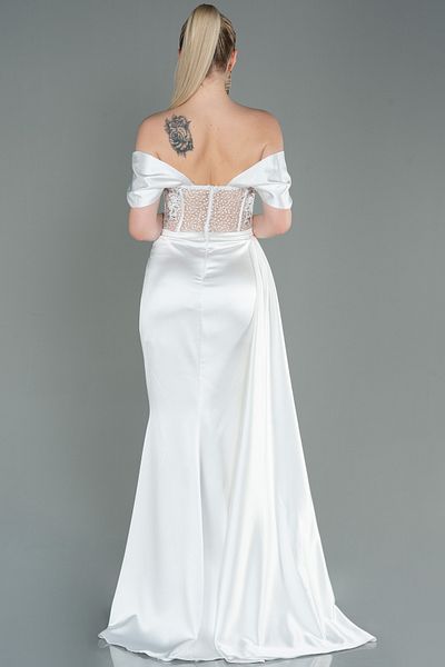 Abiyefon Ecru Stone Boat Neck Slit Long Satin Evening Dress ABU2087