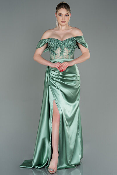 Abiyefon Firuze Taşlı Kayık Yaka Yırtmaçlı Uzun Saten Abiye ABU2087