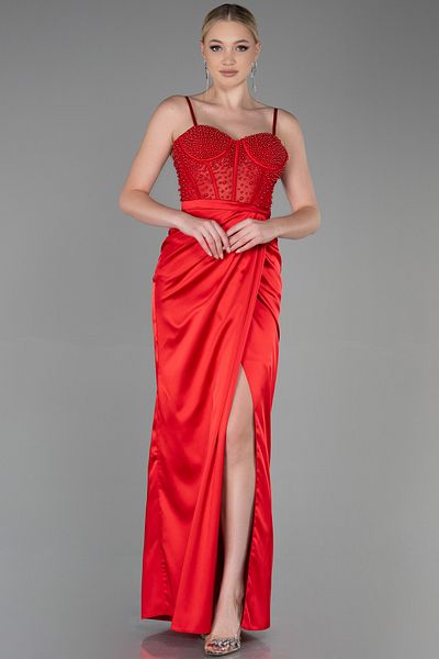 Abiyefon Red Satin Evening Dress - Bead Detail, Leg Low-cut, Long Abu3312