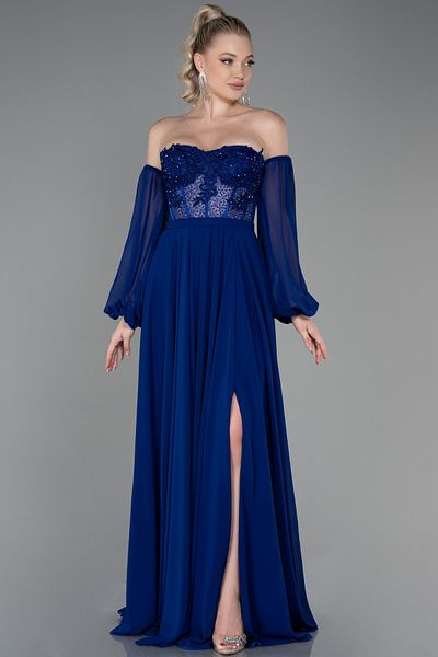 Abiyefon Saks Blue Strapless Underwire Corset Slit Chiffon Evening Dress ABU3265