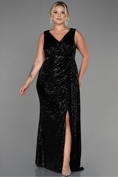 Abiyefon Black Sleeveless Double Breasted Collar Long Sequin Plus Size Evening Dress ABU3194