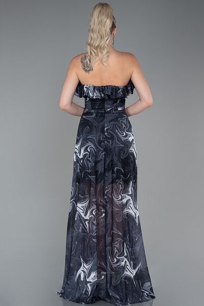 Abiyefon Black-Anthracite Strapless Slit Printed Long Evening Dress ABU3086