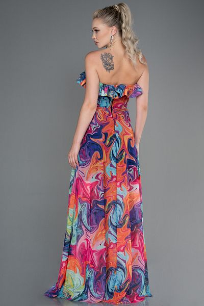Abiyefon Multi-Colored Long Printed Evening Dress with Strapless and Slit - ABU3086