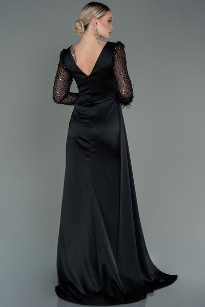 Abiyefon Black Sequin Long Sleeve Slit Satin Evening Dress ABU3080