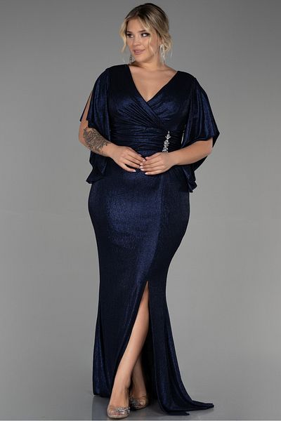 Abiyefon Navy Blue Short Sleeve Double Breasted Collar Long Plus Size Evening Dress Abu3280