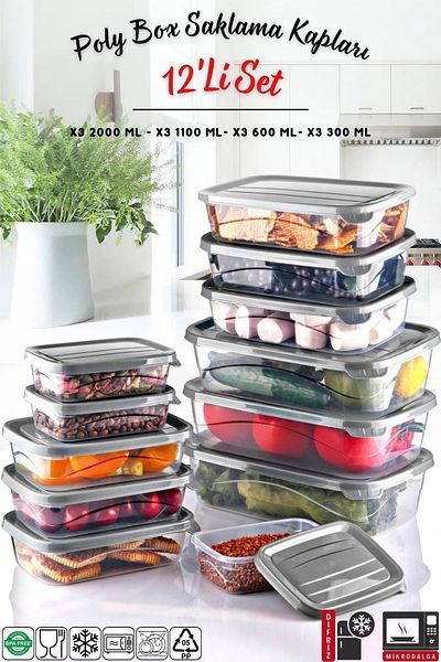 Open Home Concept Set of 12 Rectangular Microwave & Freezer Compatible Poly Storage Container X3 0.3lt/0.6lt/1.1lt/2lt