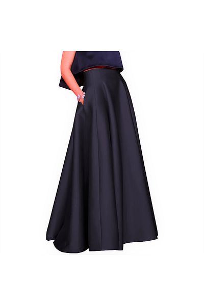 NSM Women's Navy Blue High Waist Maxi Long A-line Satin Skirt with Pockets