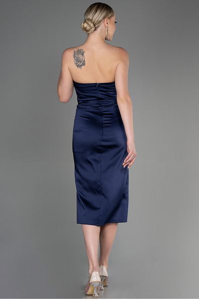 Abiyefon Navy Blue Jewelled Strapless Chest Draped Midi Satin Evening Dress ABK1845
