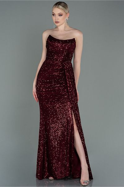 Abiyefon Strapless Burgundy Long Sequin Evening Dress - Low-cut, ABU3134
