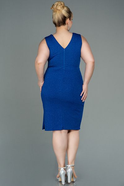 Abiyefon Saks Blue Sleeveless V-Neck Glitter Midi Plus Size Evening Dress ABK1752
