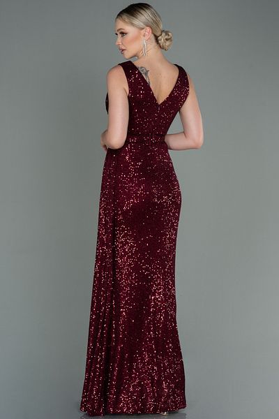 Abiyefon Burgundy Sleeveless Double Breasted Collar Long Sequin Evening Dress ABU3201
