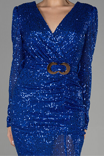 Abiyefon Saks Mavi Uzun Kol Yırtmaçlı Pullu Midi Davet Elbisesi ABK1808