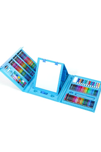 MJ TOYS 208 Parça Çocuk Boyama Seti Kırtasiye Hediye Kutusu Fırça Seti Kuru Kalem Pastel Boya- Mavi