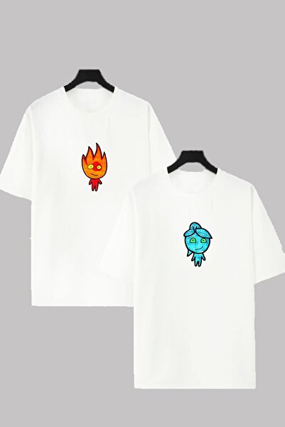 blausee wear تي شيرت كومبو للزوجين بقصة عادية مطبوع عليه النار والماء