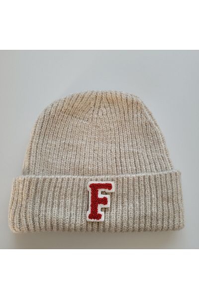 initialess Mohair Folded Knitted Stone Wool Beret with Letter F