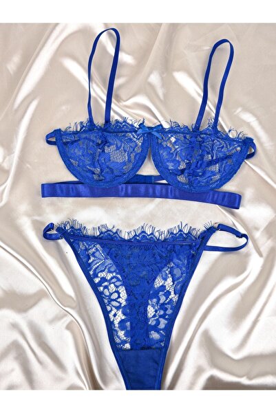 Veille Set sutien din dantela albastru Saks cu sârmă pentru damă