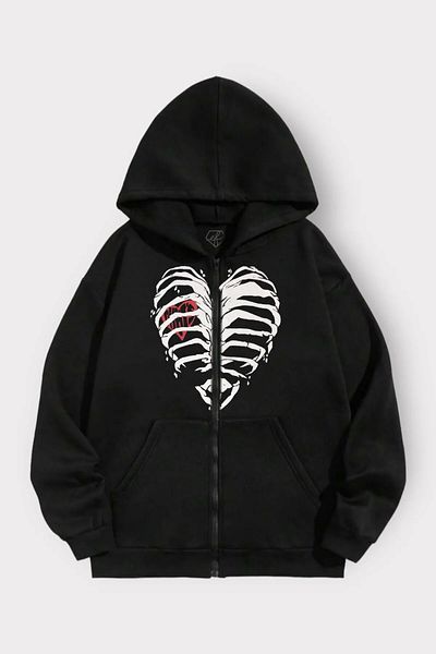 Gofeel Harajuku Black Oversize Cardigan - Rib Heart Print, Hoodie and Zip-Up Streetwear