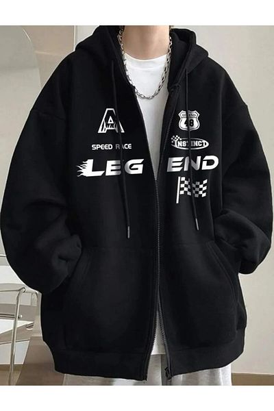 Gofeel Harajuku Legend Printed Black Oversize Cardigan - Hooded and Zippered Streetwear