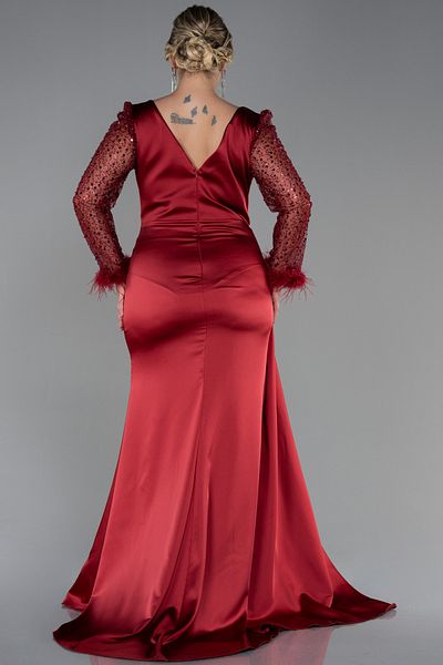 Abiyefon Burgundy Sequin Long Sleeve Satin Plus Size Evening Dress Abu3237