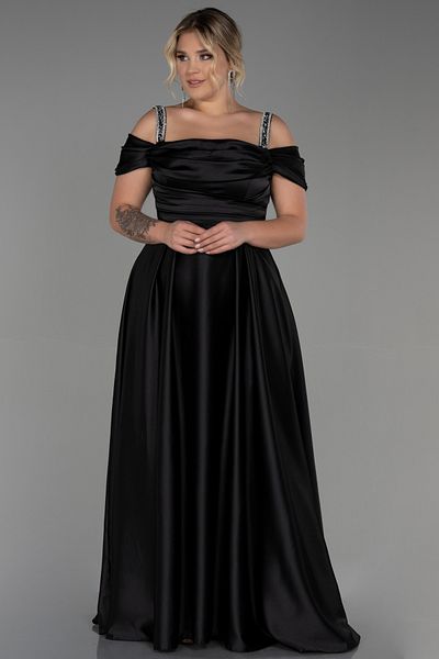 Abiyefon Black Chest Draped Long Satin Plus Size Evening Dress ABU3277