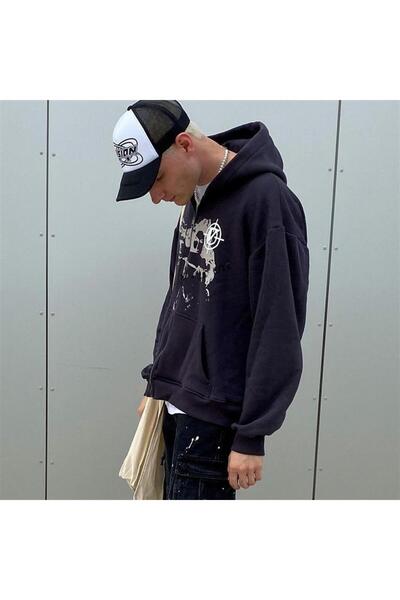 Touz Killer Girl Vicinity Printed Oversize Zippered Black Unisex Hooded Cardigan