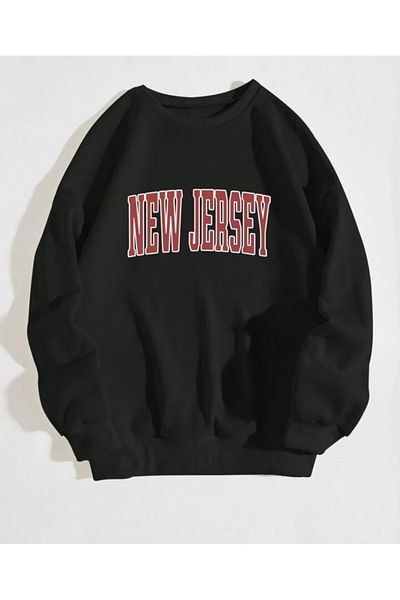 BYMEER Unisex Black New Jersey Printed Crew Neck Oversize Sweatshirt