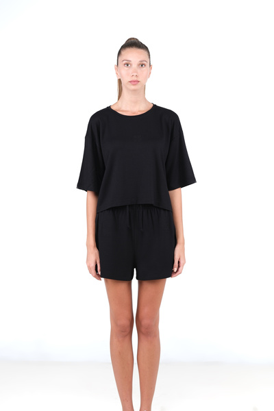 Kadın Siyah Crop Oversize Modal Tshirt