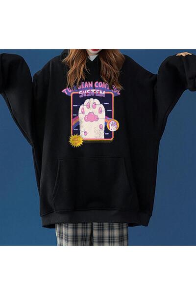 Toum Hanorac cu glugă supradimensionat unisex, negru, imprimat, Harajuku Toe ...