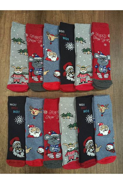 Leement socks Детски хавлиени чорапи, 12 чифта, дебели памучни, зимни, с коледен шарен мотив