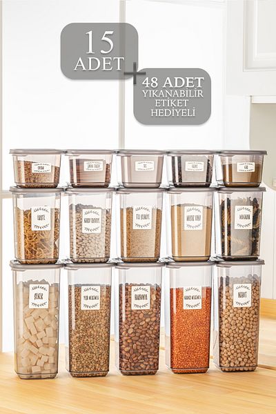 Meleni Home 15 bucăți Melly Spice Rack Recipient de depozitare a alimentelor - Set pătrat de condimente cu capac 5x (0,50 LT-1,10 LT-1,70 LT)