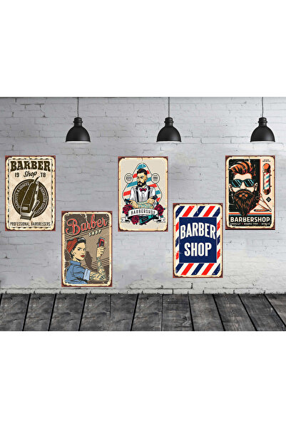 TAKIFİX Berber Temalı 5 ADET 20X30 CM Boyutunda MDF Tablo Seti