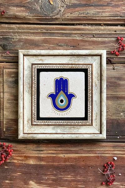 Oscar Stone Decor Decor Pictură decorativă de perete din piatră înrămată 20cm x 20cm Mărgele de ochi rău / Mâna Domnișoarei Fatma