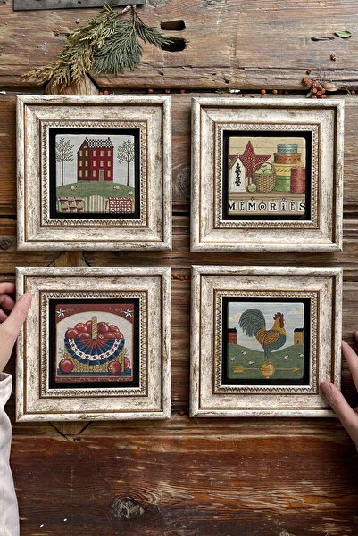 Oscar Stone Decor Çerçeveli Taş Tablo Duvar Dekoru 20x20cm 4'lü Set Vintage K...