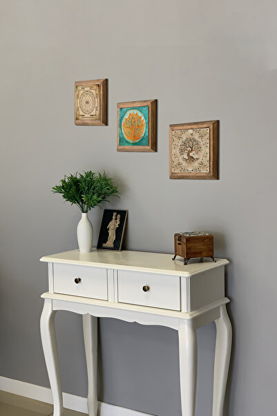 Oscar Stone Decor Masif (Ahşap) Çerçeveli 3'lü Set Taş Tablo Pano 28X28 cm Sri Yantra Lotus