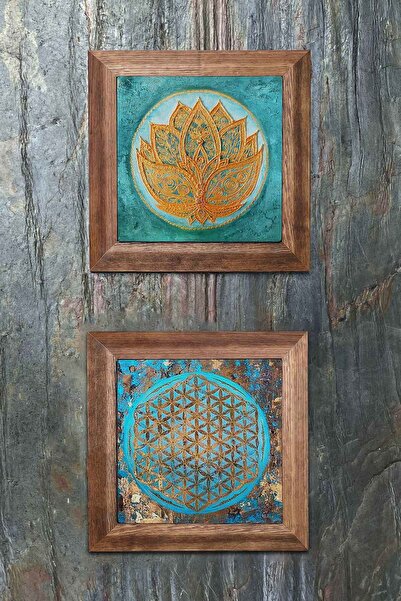 Oscar Stone Decor Ahşap Çerçeveli Taş Duvar Dekoru 28x28 cm 2'li Set (1090-10...