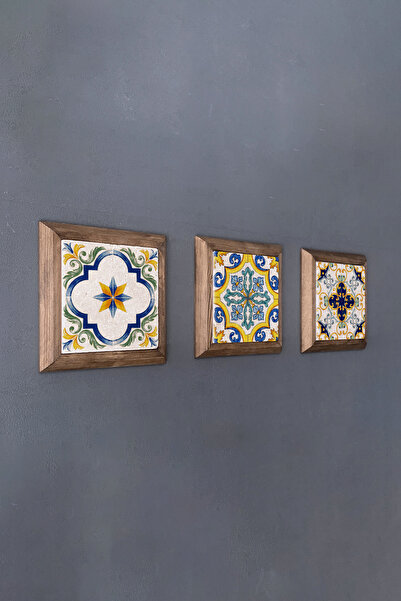 Oscar Stone Decor Masif (Ahşap) Çerçeveli 3'lü Set Taş Tablo Pano 28X28 cm De...