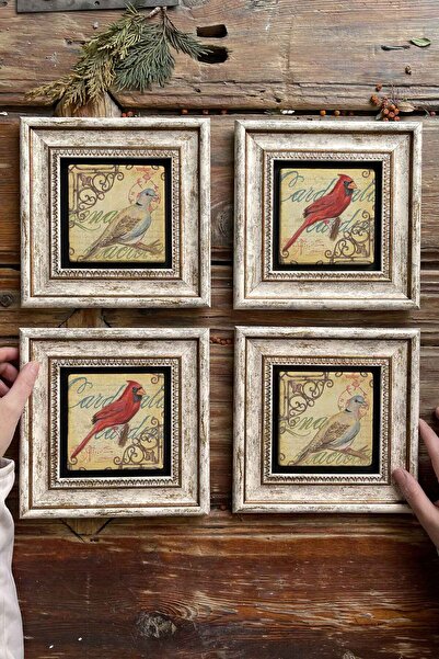 Oscar Stone Decor Çerçeveli Taş Tablo Duvar Dekoru 20x20cm 4'lü Set Kuş Seti